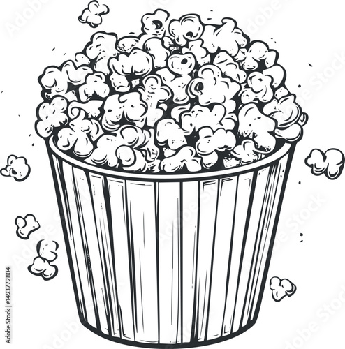 Hand drawn black and white illustration of a bucket filled with popcorn snack for movies or parties