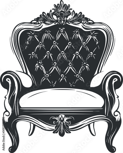 Black and white illustration of an ornate vintage armchair with detailed upholstery and carved wooden frame