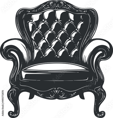 Illustration of a vintage classic armchair with ornate carved wooden frame and tufted leather upholstery