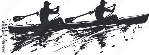 Silhouette of two rowers paddling a canoe on water, representing teamwork and outdoor sport.