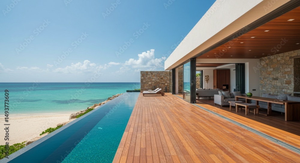 Fototapeta premium Beachfront Villa: Tranquil Luxury and Expansive Views - Luxury beachfront villa, infinity pool, sleek design, ocean views, tranquil escape. Symbolizing: serenity, opulence, escape