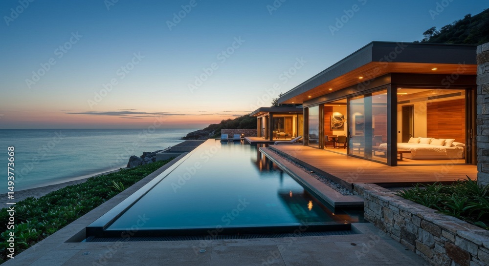 Beachfront Villa Tranquility: Sunset Elegance - Luxurious beachfront villa, infinity pool, sleek architecture, sunset views, tranquil escape. Symbolizing serenity, luxury, modern design Beachfront Villa Tranquility: Sunset Elegance - Luxurious beachfront villa, infinity pool, sleek architecture, sunset views, tranquil escape. Symbolizing serenity, luxury, modern design