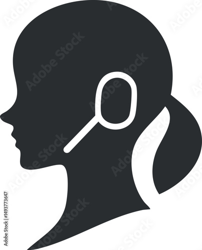 Silhouette of a woman with a magnifying glass over her ear representing investigation or examination concept