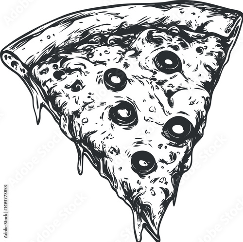 Black and white vector illustration of a slice of pizza with melted cheese and olives dripping cheese