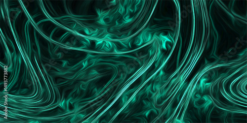Green Swirl Abstract Energy Background. Futuristic Emerald Smoke Lines on Black. Swirling fluorescent texture in deep green tones abstract swirling green energy lines over a dark background.