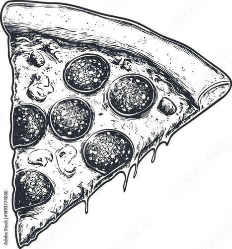 Hand drawn black and white illustration of a slice of pepperoni pizza with cheese and mushrooms
