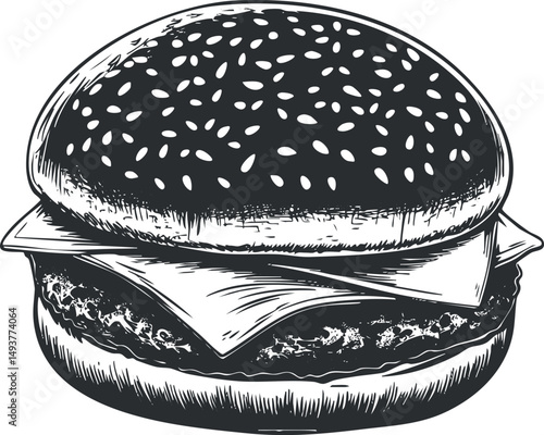 Black and white illustration of a cheeseburger with sesame bun and melted cheese on a beef patty