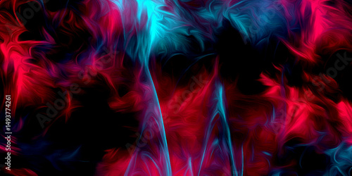 Neon fractal art layered patterns with striking effects design background. Abstract blue and red fire contrast on black background with flames and sparks. Colorful smoke on black background. 