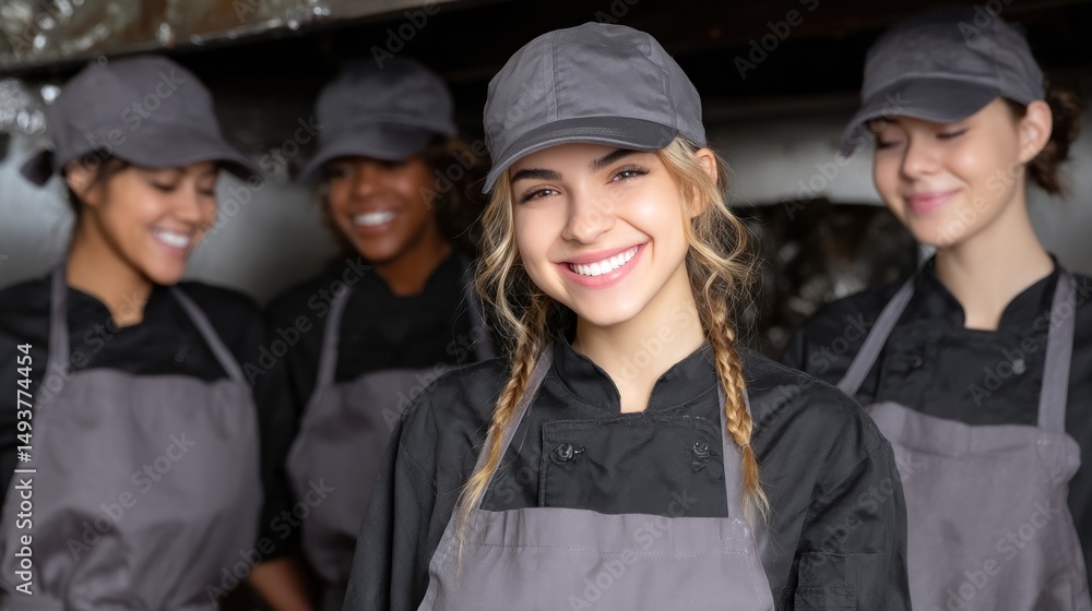 Obraz premium group of cheerful culinary professionals gathers in a busy kitchen, showcasing teamwork and camaraderie as they prepare delicious meals. Their happy expressions reflect passion for cooking
