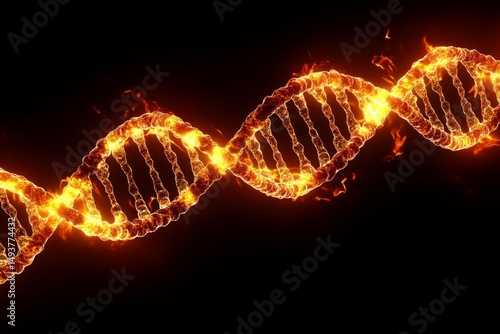Burning dna strip in laboratory setting with flames and smoke effects visible