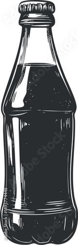 Black and white vintage style illustration of a capped glass bottle filled with liquid beverage