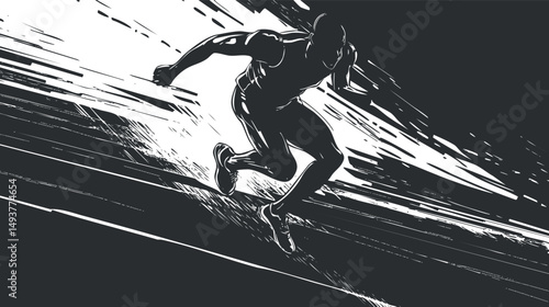 Silhouette of a sprinter running fast on a track with dynamic motion background