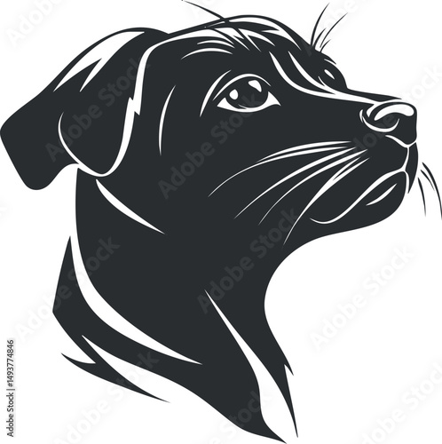 Black and white vector illustration of a dog's head looking upward with attentive expression