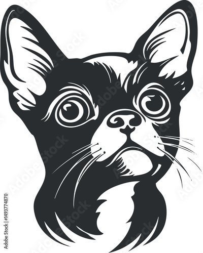 Black and white vector illustration of a chihuahua dog head with expressive eyes and alert ears.