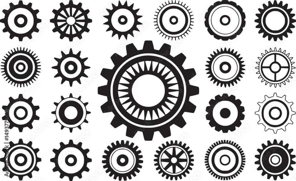 Collection of Various Black and White Gear Icons, gear illustrations in black and white silhouette Collection of Various Black and White Gear Icons, gear illustrations in black and white silhouette