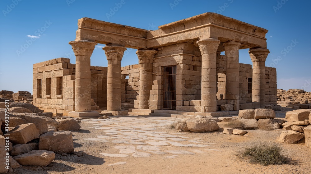 Obraz premium Ancient Temple Ruins in Desert: Majestic sandstone temple ruins stand against a clear blue sky, showcasing intricate architectural details and weathered columns in a sun-drenched desert landscape.