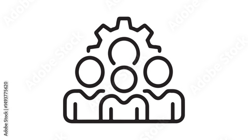 Vector illustration showcases a set of gears, icons representing people, and various symbols related to business, communication, and social interaction