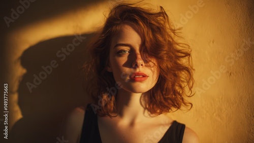 Young Woman Standing Outdoors in Golden Sunlight with Soft Wind and Dynamic Hair Movement