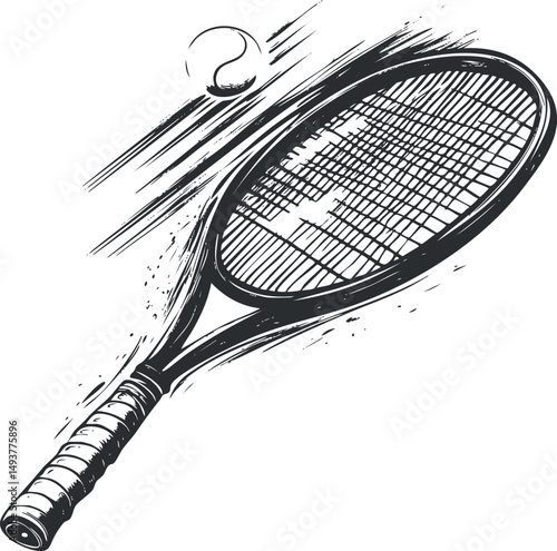 Black and white line art illustration of a tennis racket hitting a tennis ball in motion