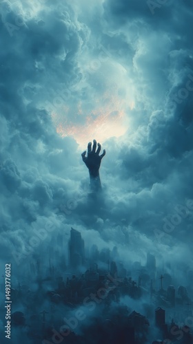 Wallpaper Mural Mysterious Hand Emerges From Dark Clouds Above a Distant City at Twilight Torontodigital.ca