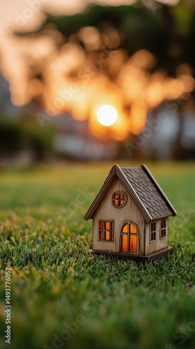 Wooden Miniature House on Grass With Sunset in Background Creating a Warm Amb...