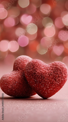 Decorative Glitter Hearts Arranged on a Soft Surface for a Festive Celebratio...