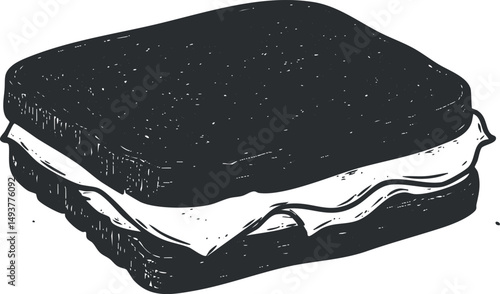 Black and white illustration of a simple sandwich with two slices of bread and filling in between