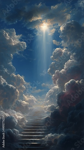 Heavenly Staircase Leading to Bright Light Amidst Fluffy Clouds in the Sky