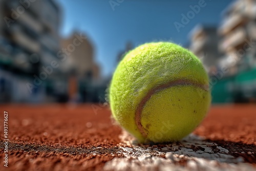 Bright Green Tennis Ball Resting on Clay Court Under Clear Blue Sky in Aftern...