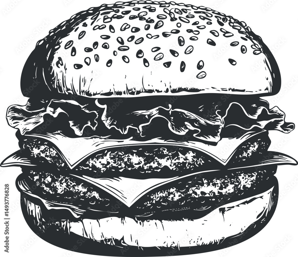 Black and white detailed illustration of a classic cheeseburger with lettuce and sesame seed bun Black and white detailed illustration of a classic cheeseburger with lettuce and sesame seed bun