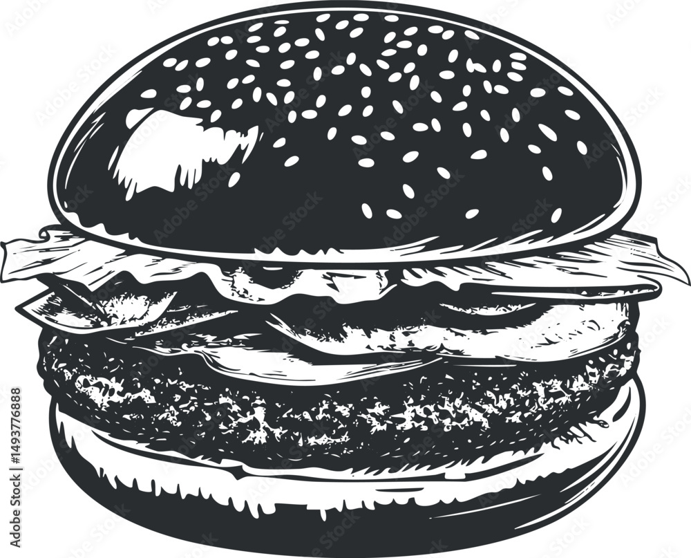 Black and white illustration of a classic hamburger with sesame bun, lettuce, and beef patty Black and white illustration of a classic hamburger with sesame bun, lettuce, and beef patty