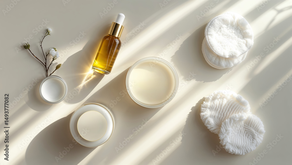 Elegant skincare products arranged with natural elements in a soft, sunlit setting Elegant skincare products arranged with natural elements in a soft, sunlit setting
