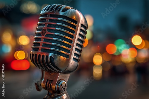 Vintage Microphone Stands Ready for Performance in Lively City Street at Twil...