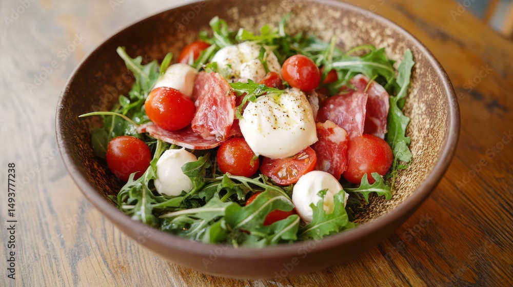 Delicious salad with mozzarella, salami, cherry tomatoes, and arugula in a brown bowl on a wooden table. Delicious salad with mozzarella, salami, cherry tomatoes, and arugula in a brown bowl on a wooden table.