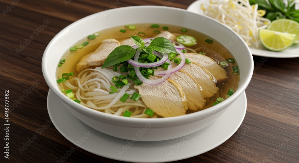 Delicious Chicken Noodle Soup - A steaming bowl of chicken noodle soup, garnished with fresh herbs and sliced onions. Perfect for a comforting meal Delicious Chicken Noodle Soup - A steaming bowl of chicken noodle soup, garnished with fresh herbs and sliced onions. Perfect for a comforting meal