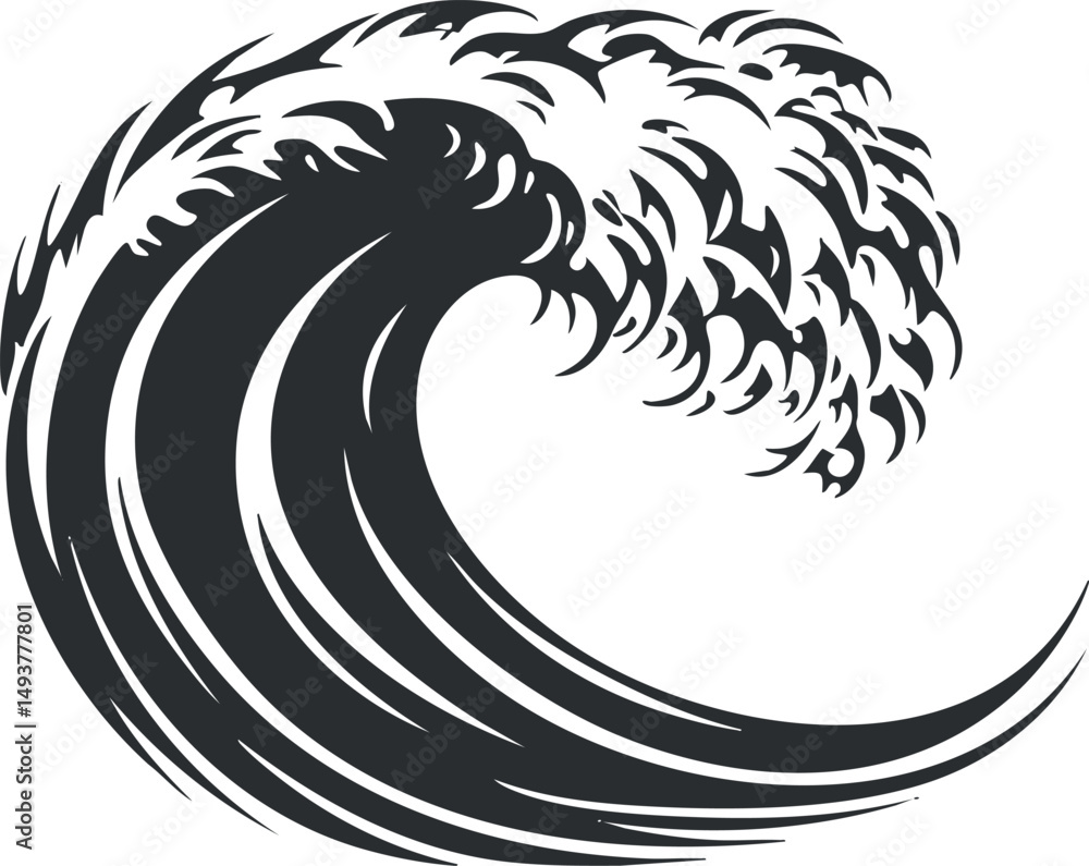 Obraz premium Black and white stylized illustration of a powerful ocean wave curling and splashing