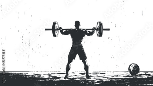 Silhouette of a man lifting a barbell with weights in a strength training exercise outdoors