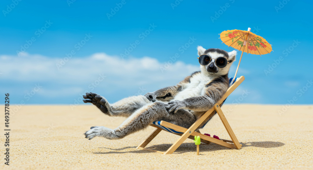 Obraz premium Lemur relaxing on a beach chair under a colorful umbrella, wearing sunglasses, enjoying a sunny day on the sandy beach, embodying a carefree summer vibe and leisure lifestyle 