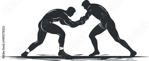 Silhouette illustration of two wrestlers grappling in a competitive wrestling match.