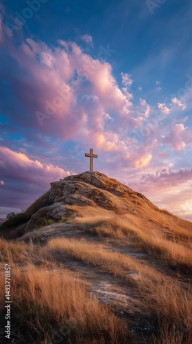 Dramatic Sunset Sky Over a Silhouette of a Cross and Trees on a Hillside