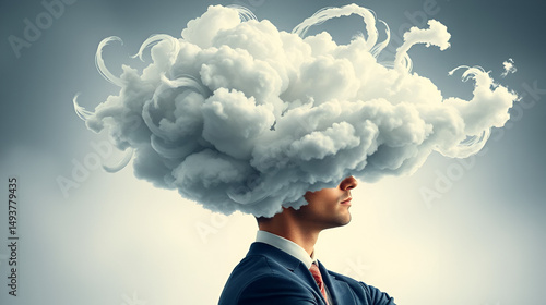 Swirling clouds supplant the head of a businessman, signifying the crushing effects of information overload and the toll it takes on mental wellbeing in a high-pressure corporate setting