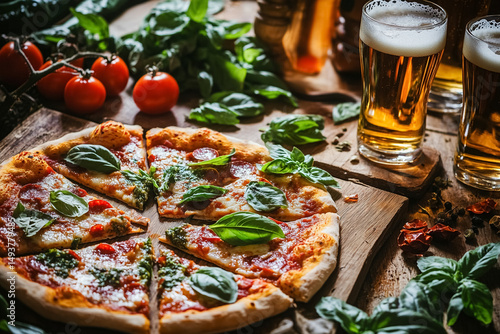 Rustic Pizza Feast with Fresh Basil and Beer