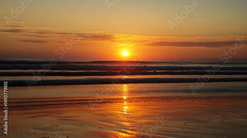 Beautiful sunset over a serene beach with gentle waves and colorful sky at dusk