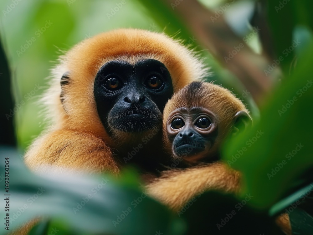 Obraz premium Mama Monkey Protects Her Baby