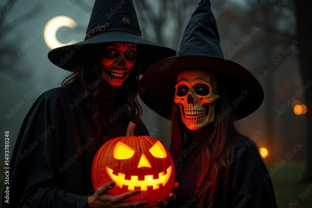 Fototapeta premium African-American Group in a Sinister Halloween Night with Spooky Witch and Skull Pumpkin