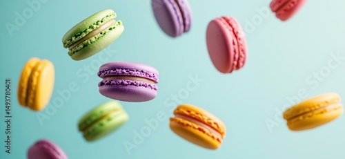 Wallpaper Mural Colorful floating macarons in pastel shades against a soft blue background Torontodigital.ca