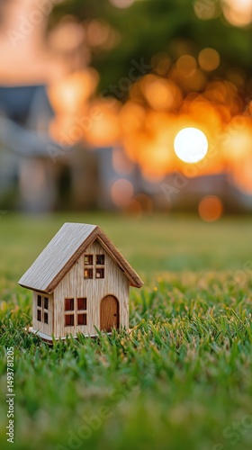 Small Wooden House in a Lush Field During Golden Hour With a Vibrant Sunset B...