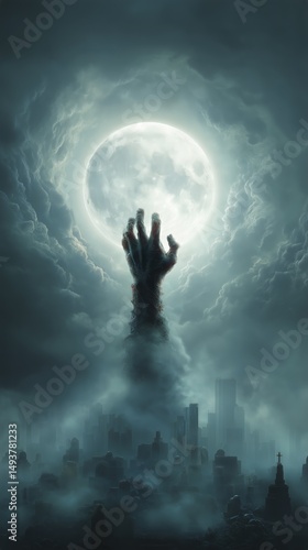 Creepy Skeletal Hand Reaching out From Graveyard Under the Full Moon at Midnight