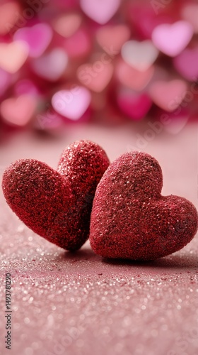 Decorative Glitter Hearts Arranged on a Soft Surface for a Festive Celebratio...