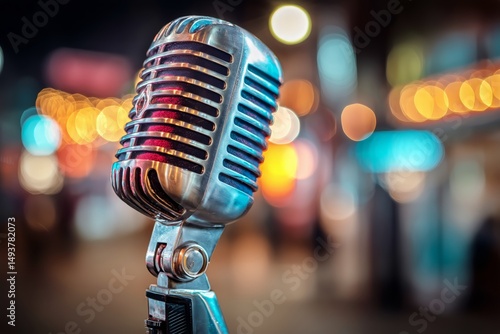 Vintage Microphone Illuminated in a Lively Atmosphere Filled With Colorful Bo...